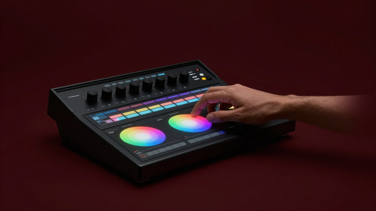 カラーホイールを前に意気揚々とした表情で微調整を繰り返す映像編集者の手元