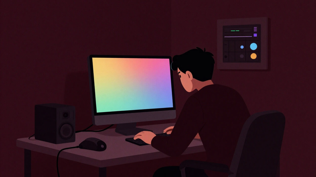 暗闇の中、モニターに映る極彩色のグラデーションを前に苦悶する映像制作エンジニア