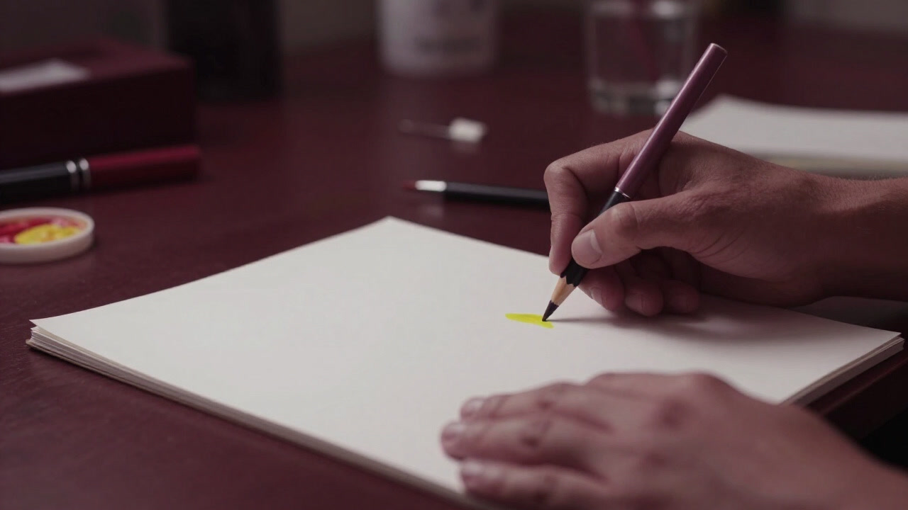 Photo of hands coloring vivid hues on a blank page, with a blurred chaotic real-life background.