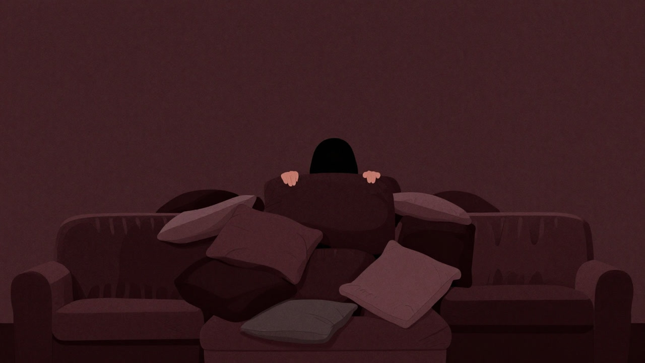 Silhouette of a person buried under a mountain of cushions and sofas, unable to escape.