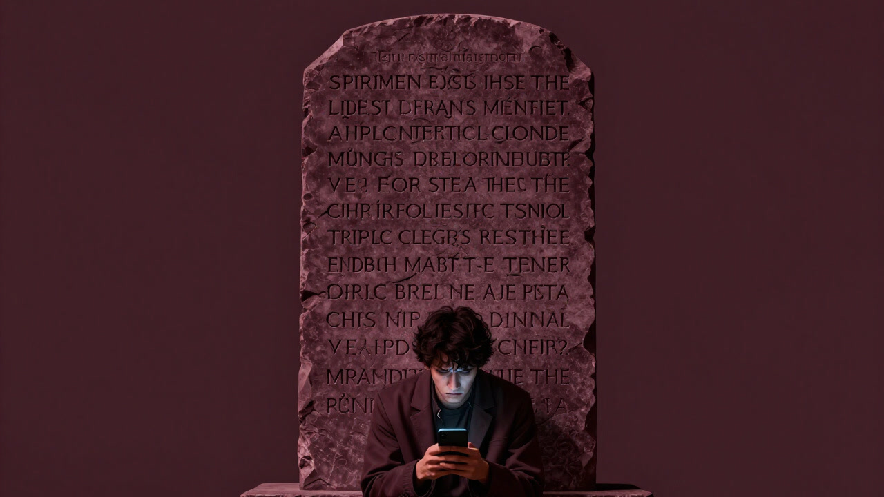 An illustration of a modern person wilting in front of a magnificent stone tablet of commandments while staring in self-loathing at a smartphone.