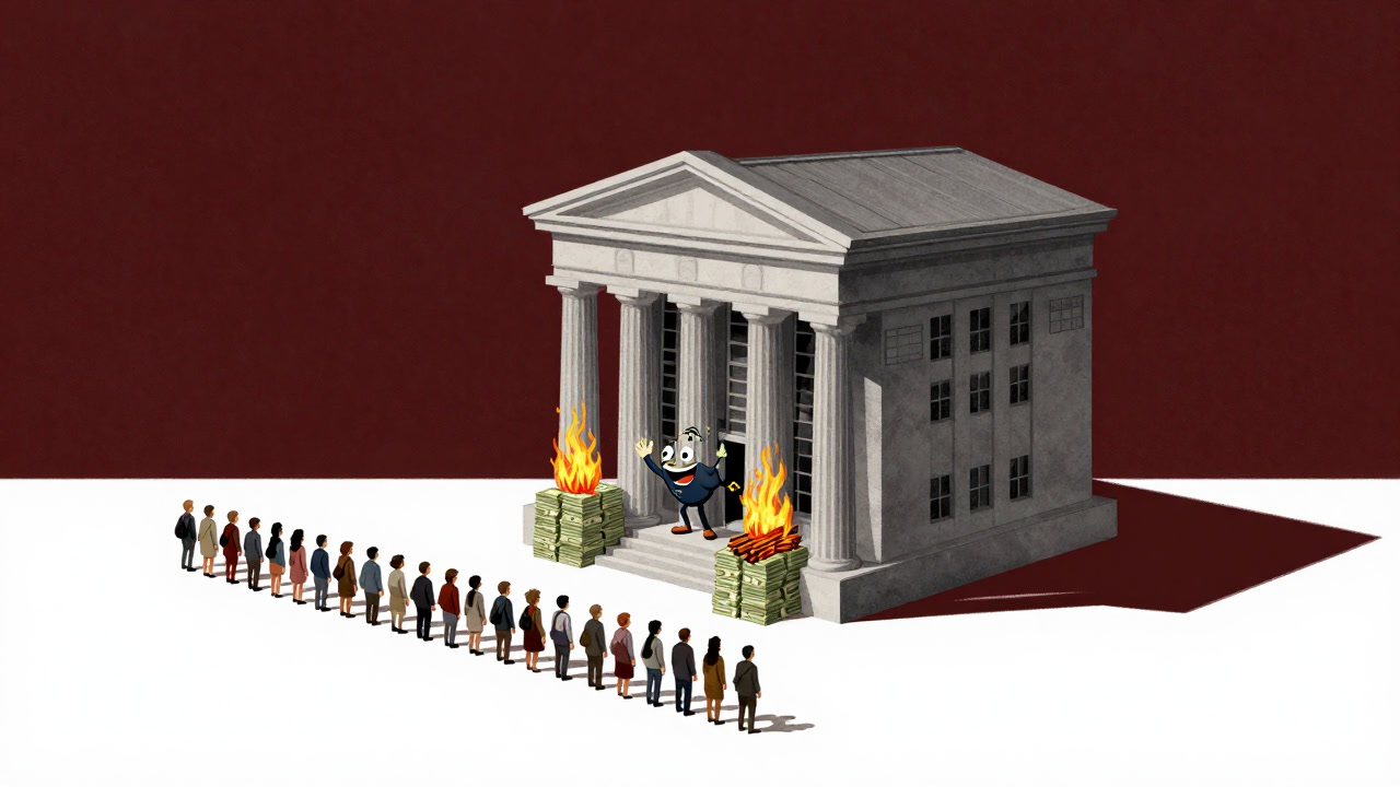 A satirical illustration of a colossal bank building overlooking a queue of people while burning stacks of cash like firewood.