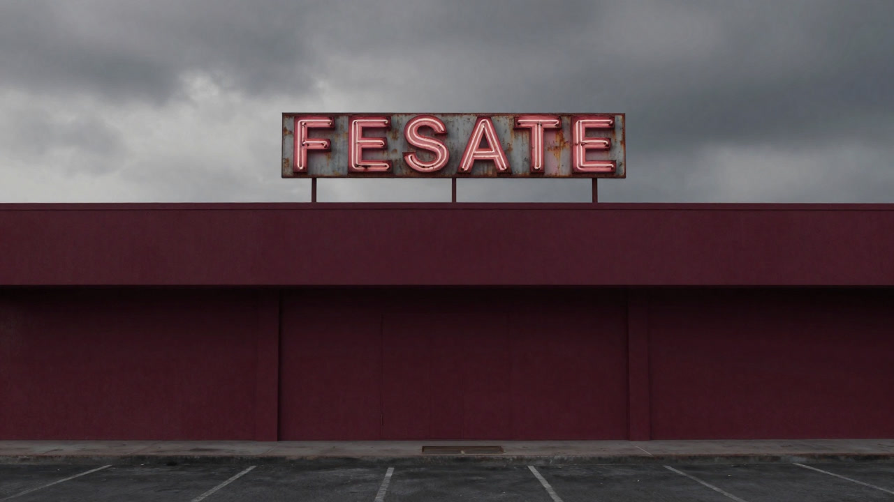 錆びた看板のついた空室ビルの立面が曇天に映える写真