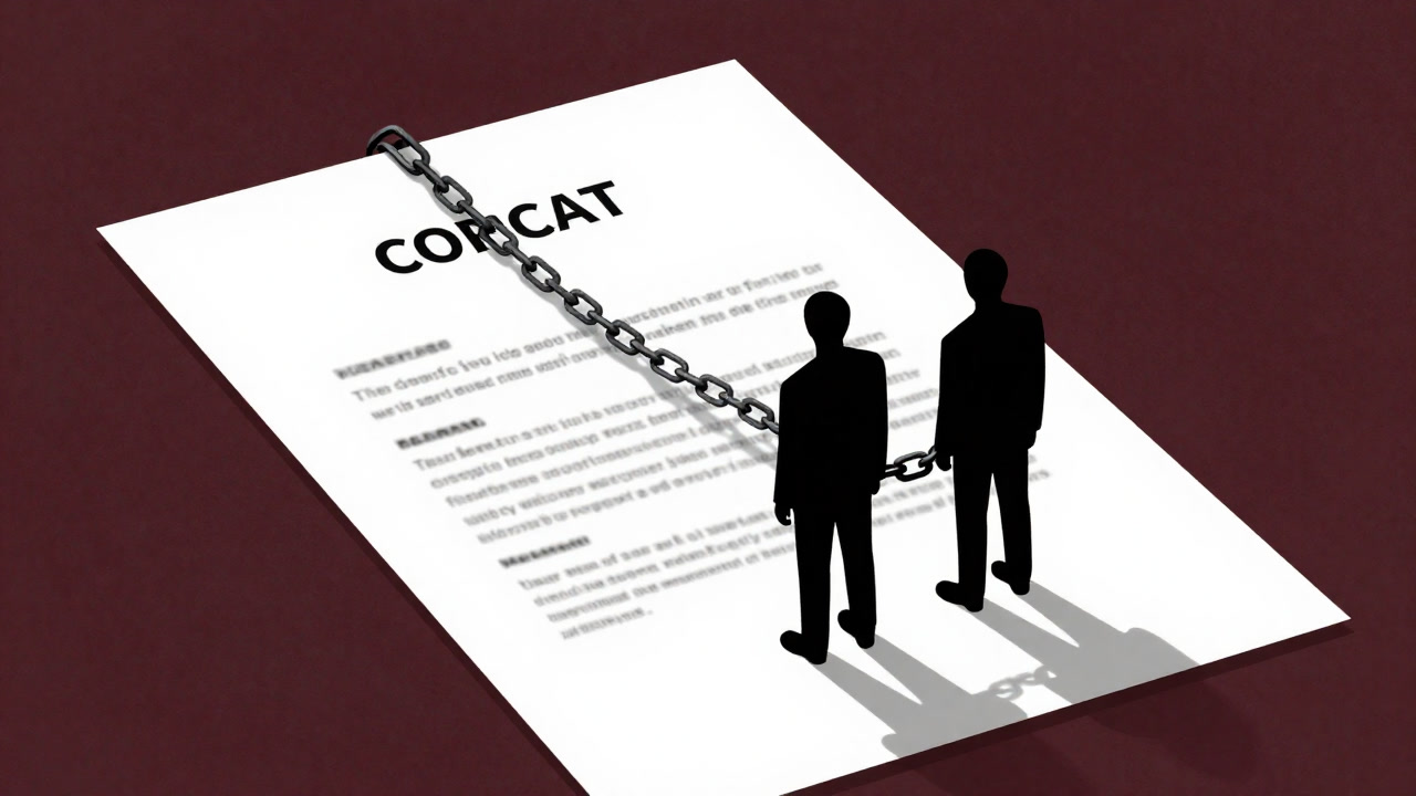 Silhouettes of two people chained together atop a contract, unable to escape.