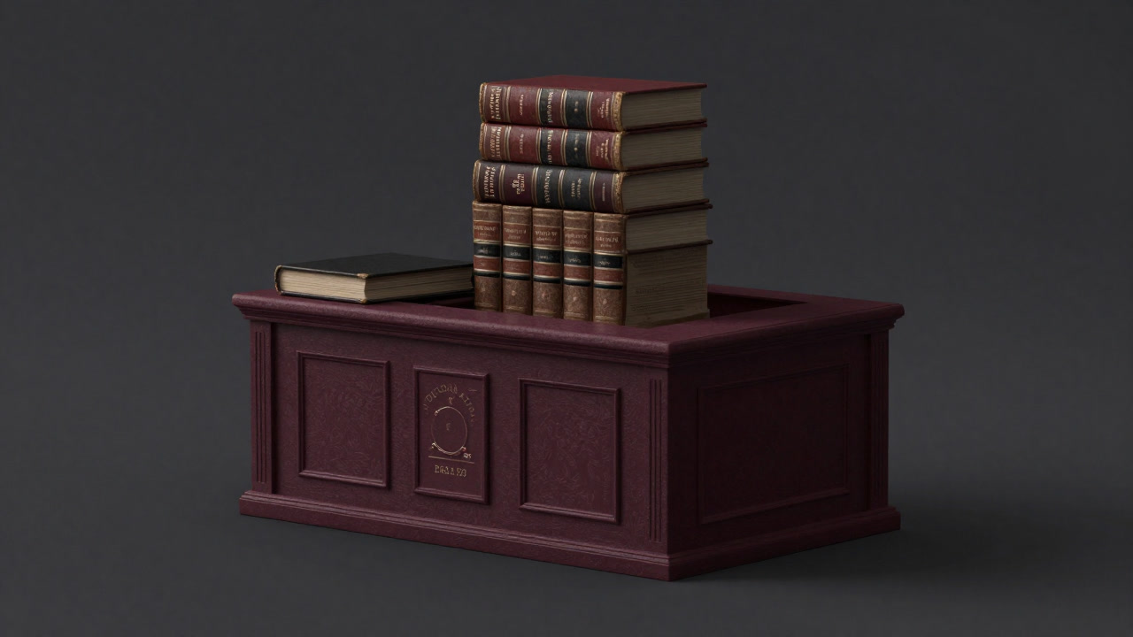 古びた判例集のページが無数に重なり、霞がかった法廷を形作る画像