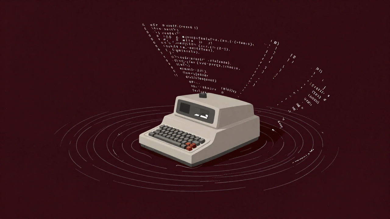 無数の括弧と文字列の渦に飲まれ、疲れた表情を浮かべる古びたLispマシンのイラスト