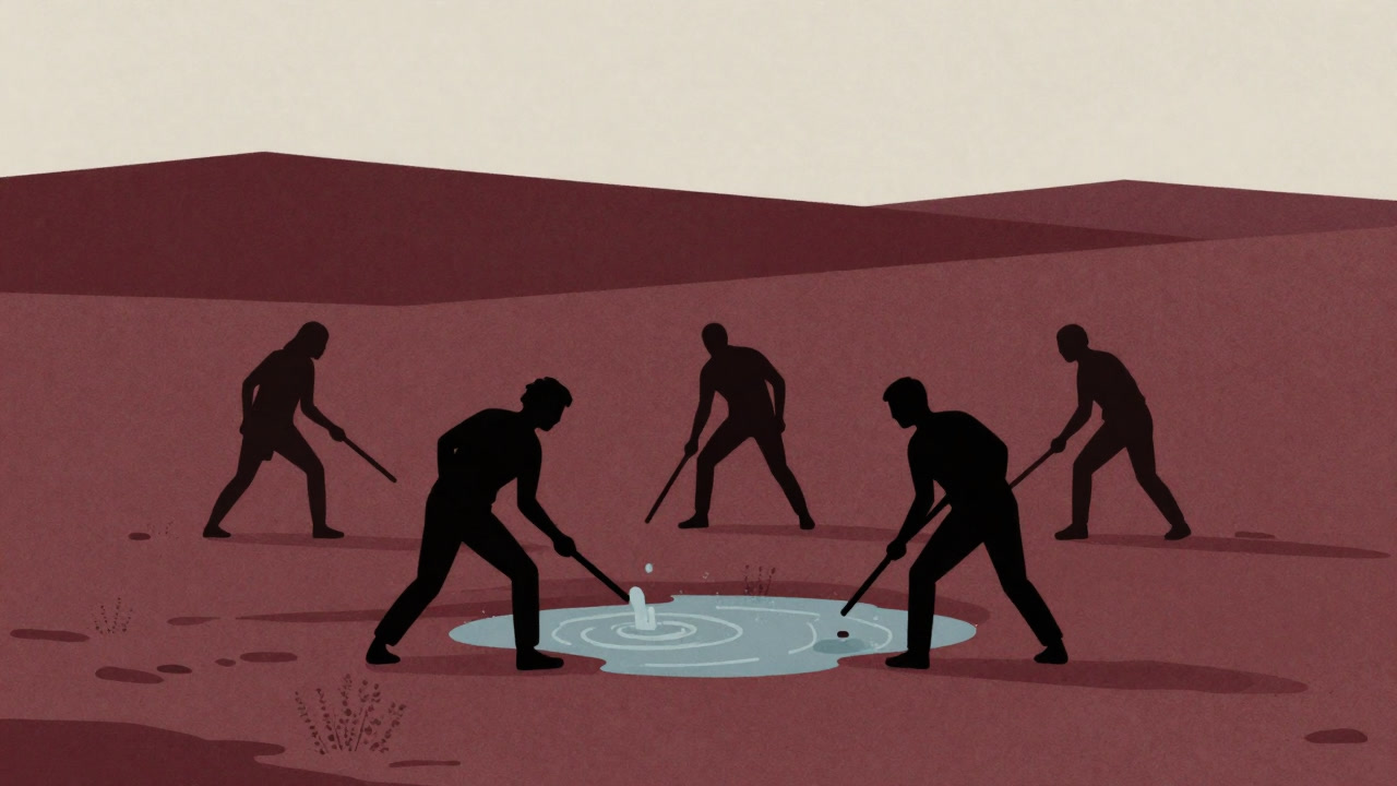Silhouettes of people swarming around the last puddle on a desertified land