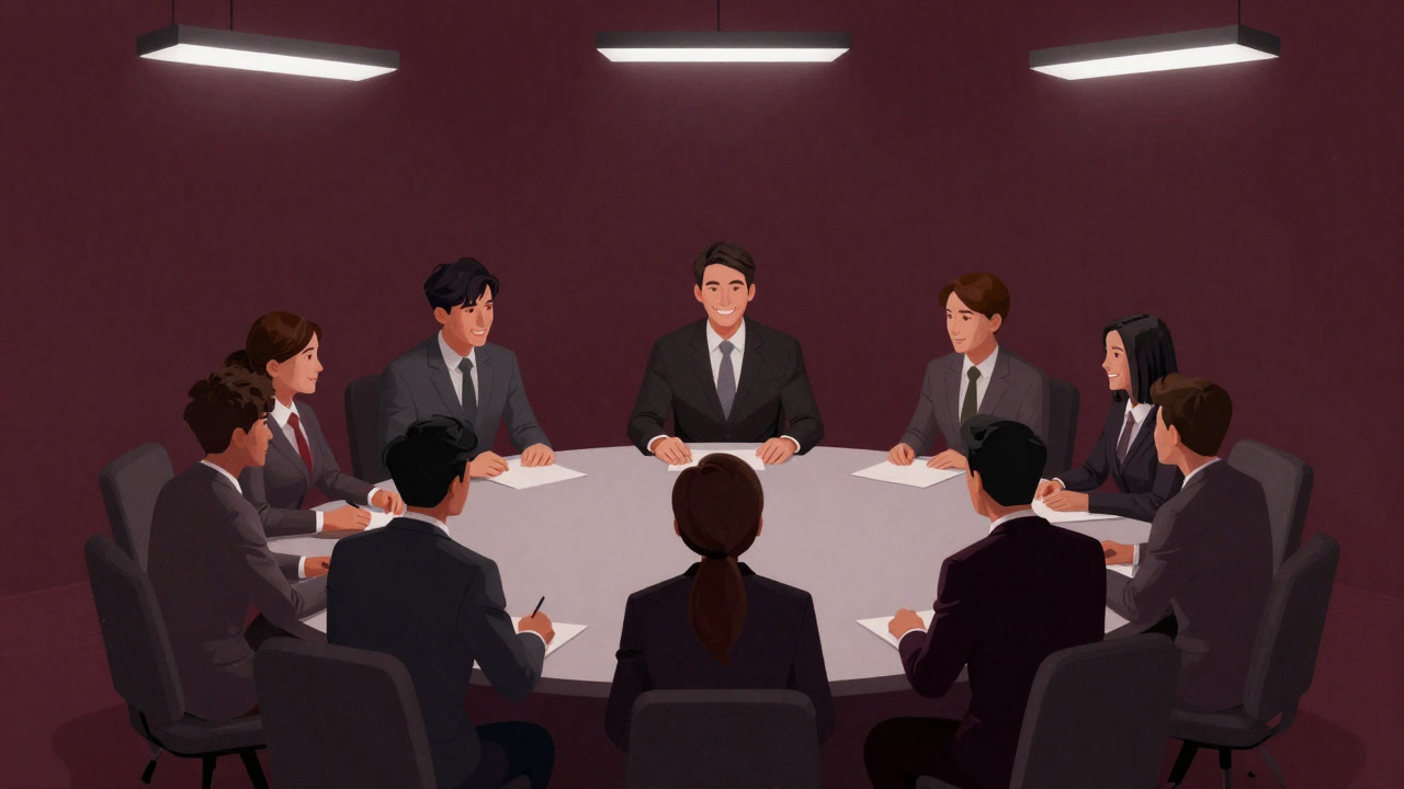 Illustration of men and women in business suits arranged in a circle, forced to practice smiles and eye contact