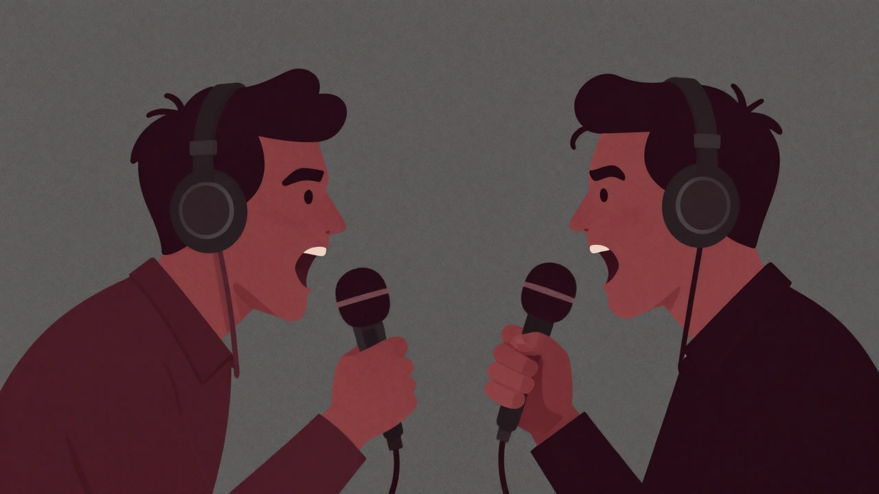 A comical illustration of two people shouting opinions into microphones while ignoring each other with headphones on.