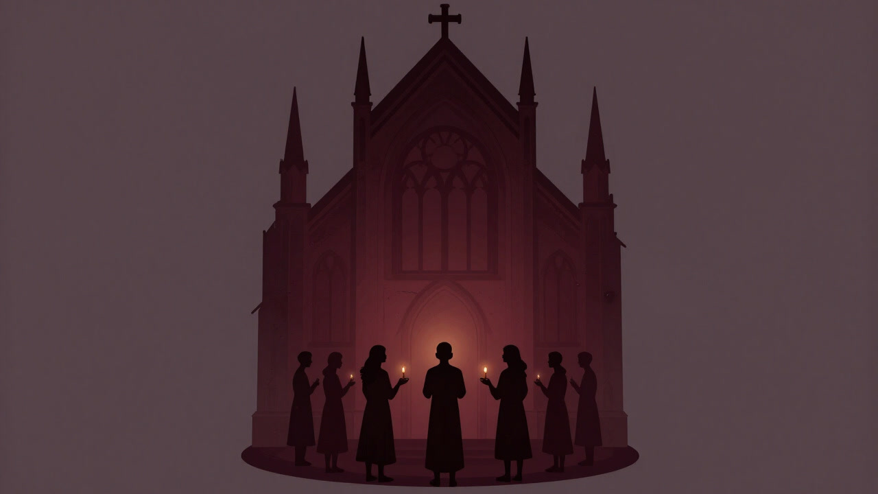 Silhouetted figures forming a circle in a gothic chapel lit by candlelight