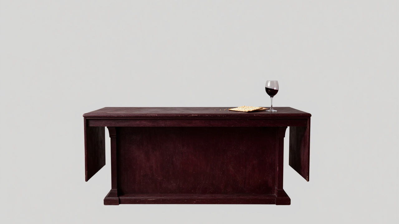 古びた祭壇の上に置かれた小さなパン片と半分だけ注がれた葡萄酒のグラスの写真