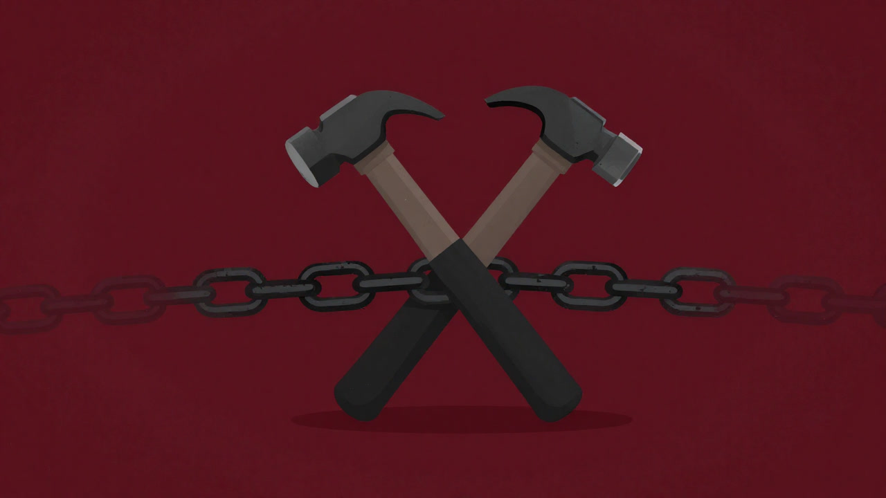 Illustration of crossed chains and hammer against a red flag backdrop