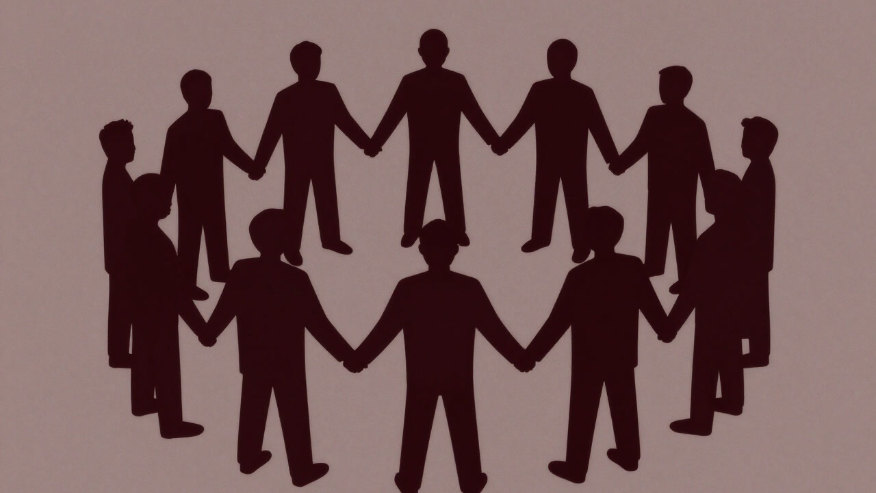 Silhouetted figures holding hands and facing the same direction in a tableau.