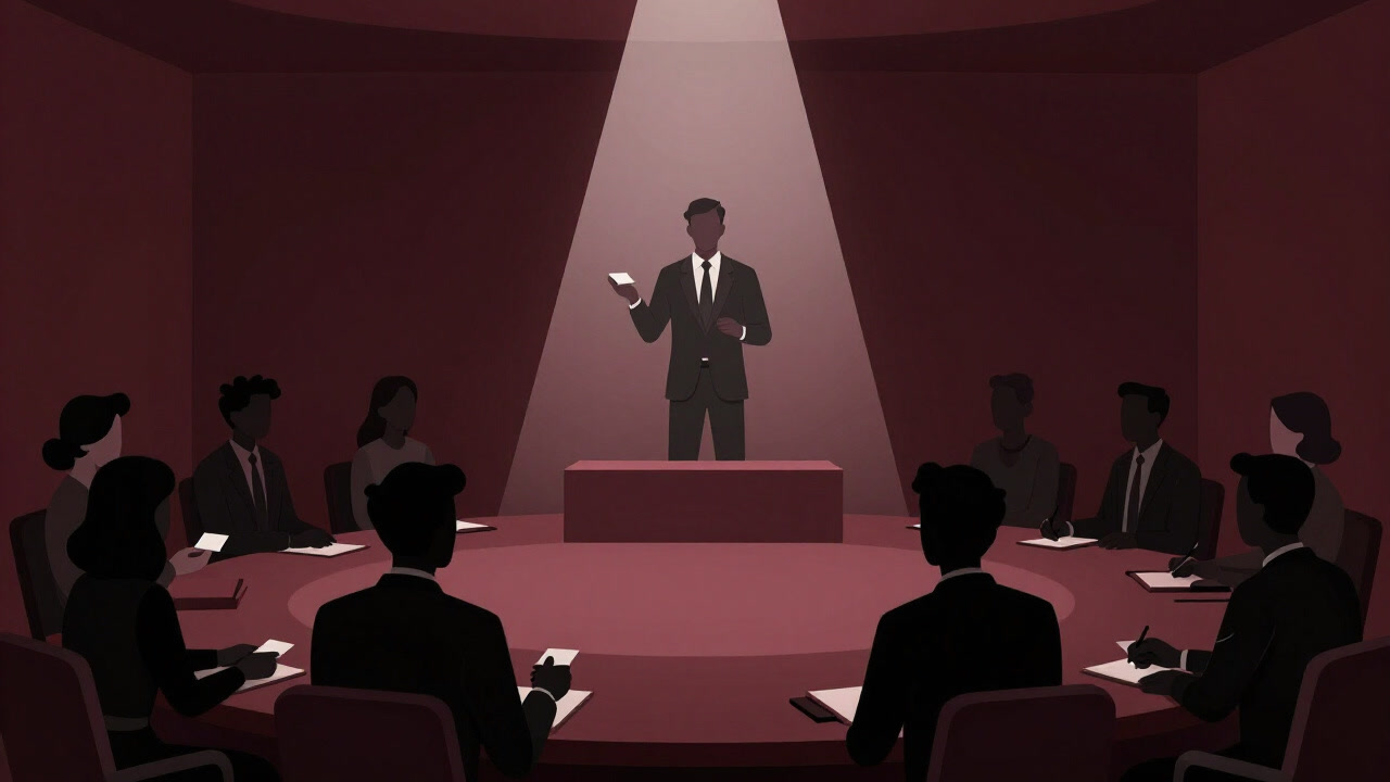 Silhouettes of people exchanging business cards in a conference room with a presenter on stage