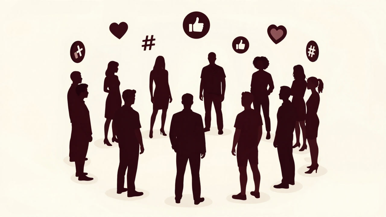Silhouettes of people forming a circle as social media icons flutter around symbolizing community