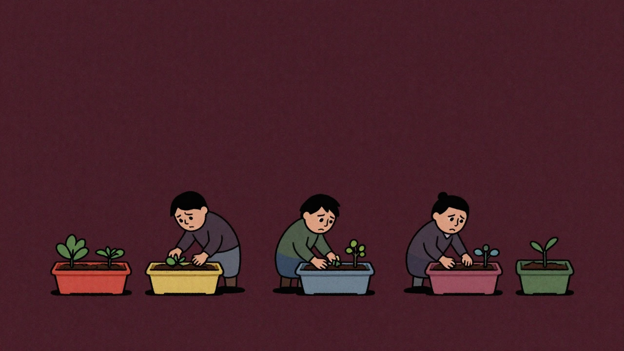 色とりどりのプランターが並ぶ小さな区画で、傷ついた虚栄心を土に埋める住民のシルエット