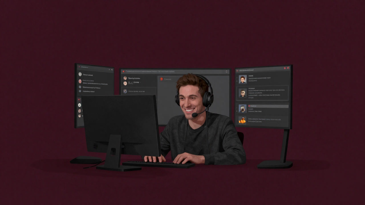 Illustration of a community manager monitoring chats in a virtual hub with a forced smile