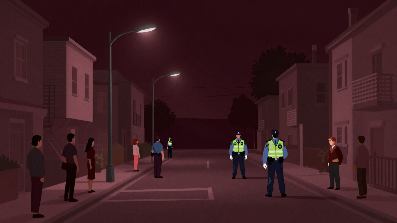 夜の住宅街でお揃いのベストを着た住民と警官が見張りを続ける様子