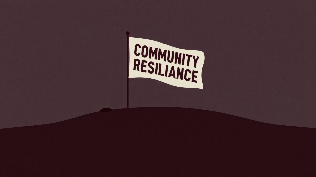 避難所の旗が風に揺れる静かな丘の上に、防災スローガンだけが虚しく輝く風景