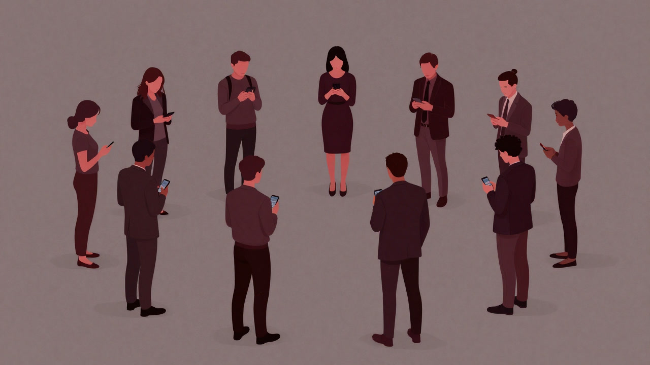 多様な人々が輪になって立つが、それぞれ携帯を見つめている皮肉な光景