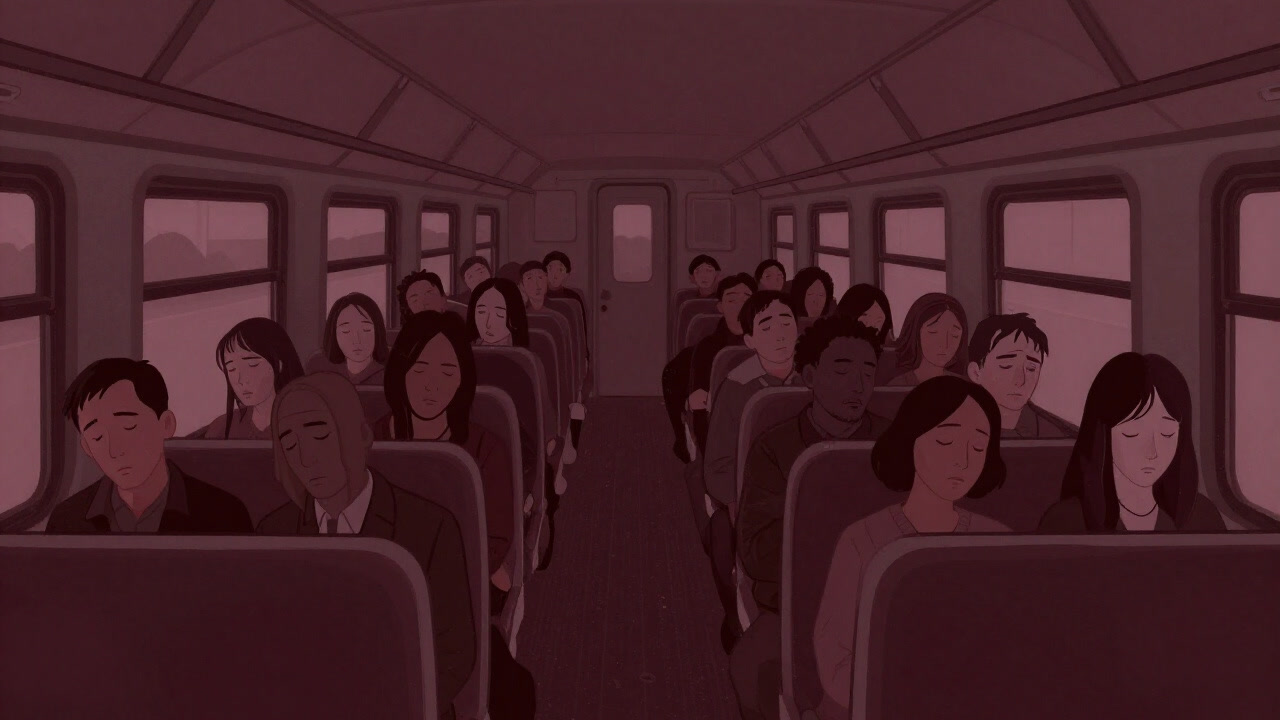 Illustration of a salaryman squeezed into an overcrowded commuter train.
