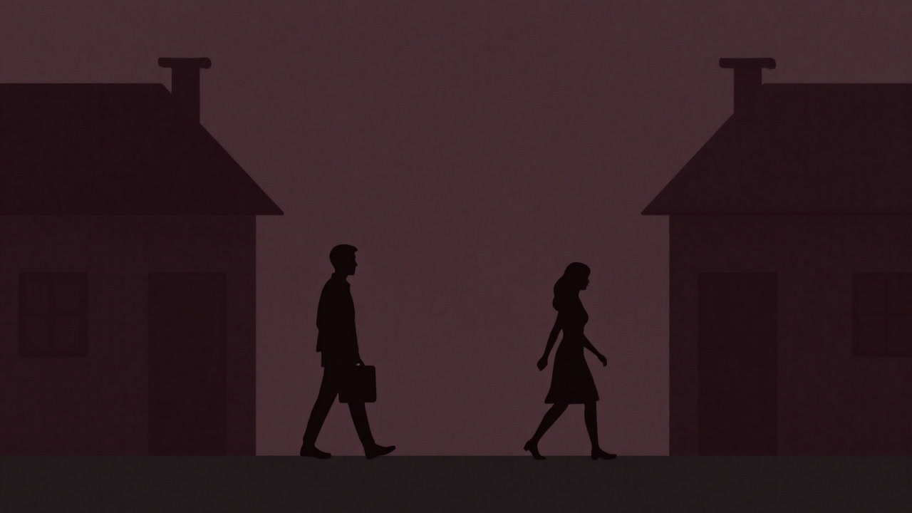 二つの家の間を行き来するカップルのシルエット