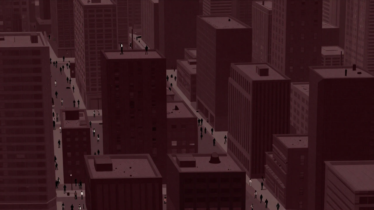 狭い街路に住宅と商業施設がぎゅうぎゅう詰めになり、人々が肩をぶつけあいながら行き交う街の鳥瞰図