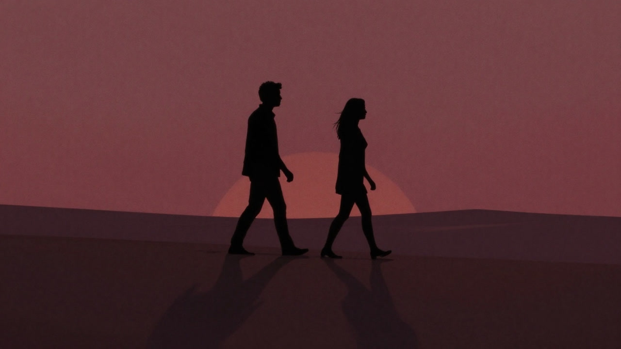Illustration of two silhouettes walking side by side across a desert illuminated by sunset