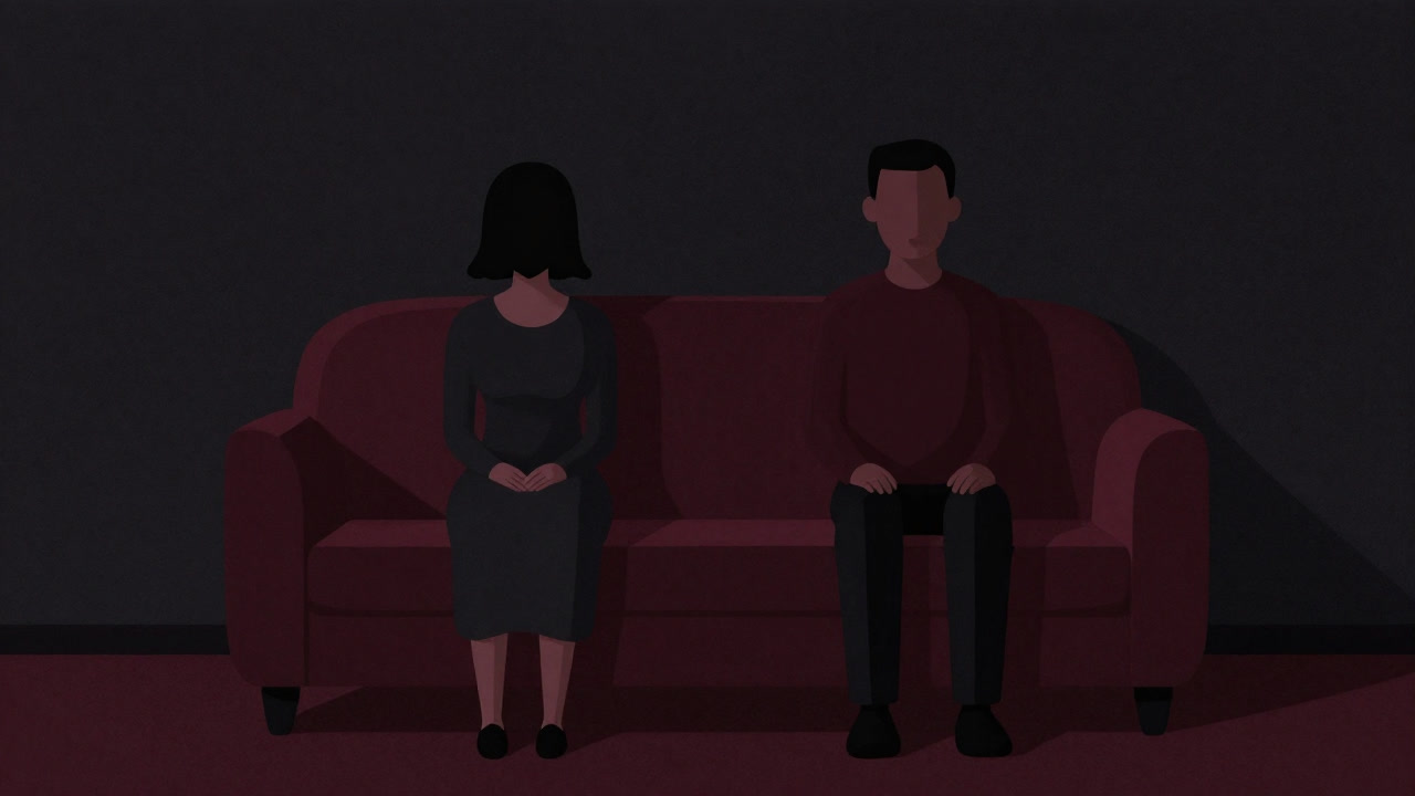 夜のリビングでソファに並んで座り、微妙な距離感を保つ男女のシルエット