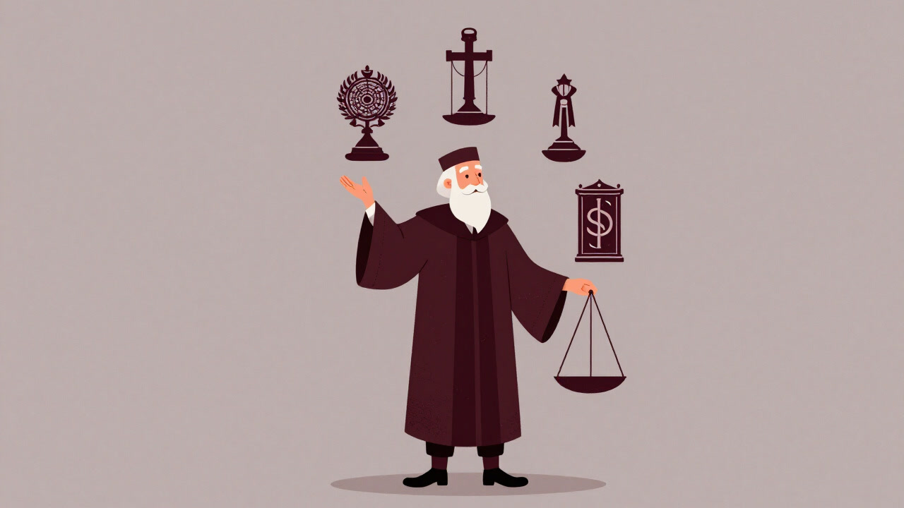 Comical illustration of a scholar holding various religious symbols on a balance scale