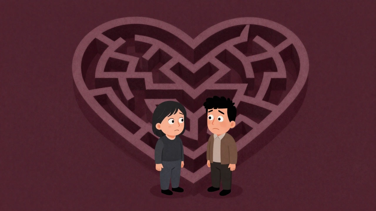Illustration of a man and a woman standing before a heart-shaped maze with perplexed expressions