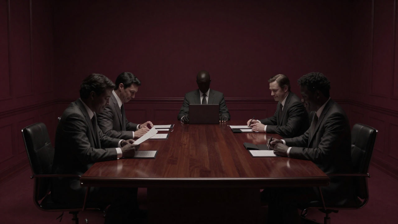 重厚な会議室で長いテーブルを取り囲み、満面の笑みで書類を閲覧する実体の見えない人物たちの影絵