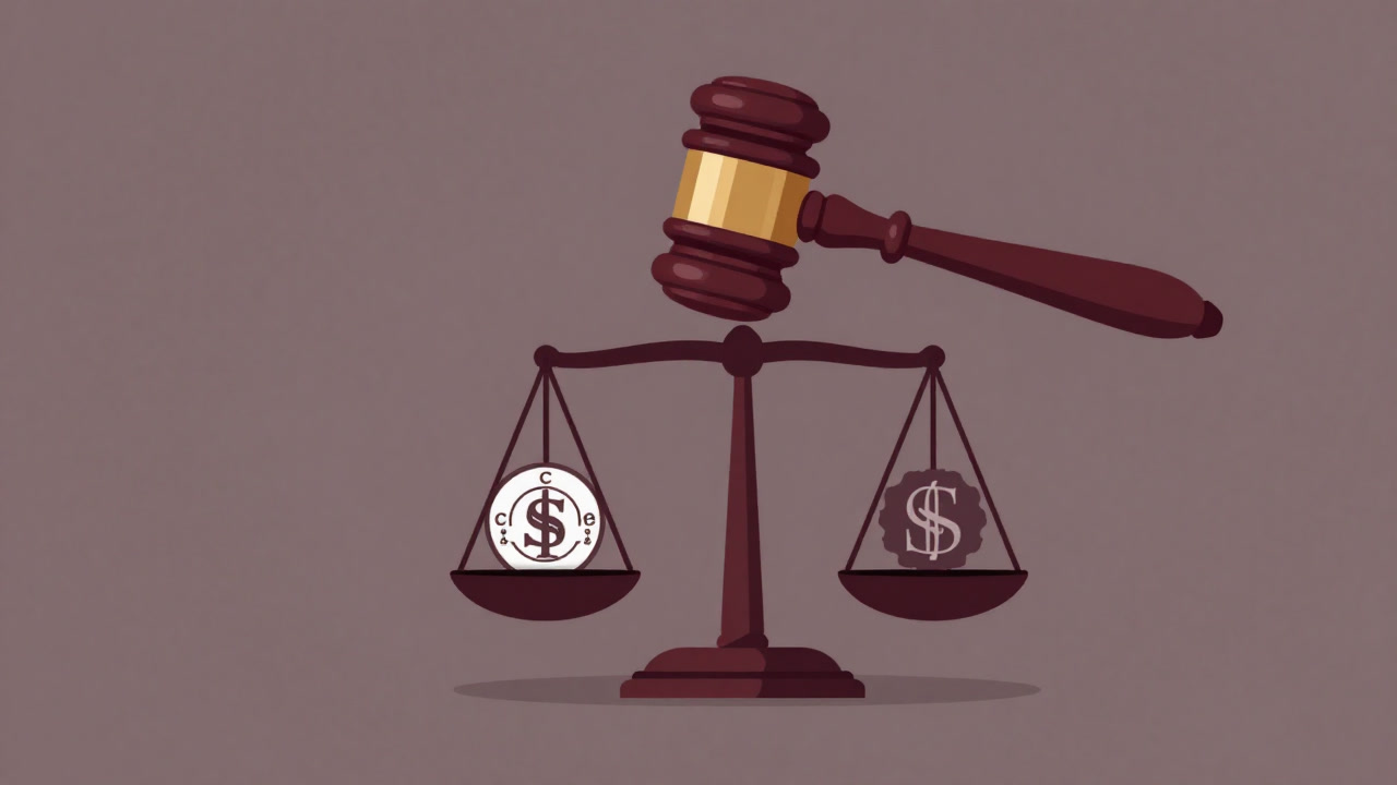 Illustration of scales weighing corporate logos with a judge's gavel hovering above