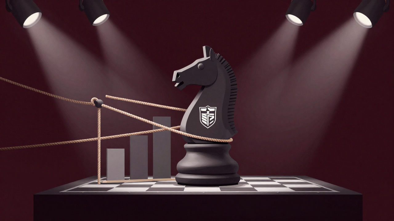 壇上で企業のロゴを背負い、羽交い絞めにされたチェスのナイト駒のイラスト