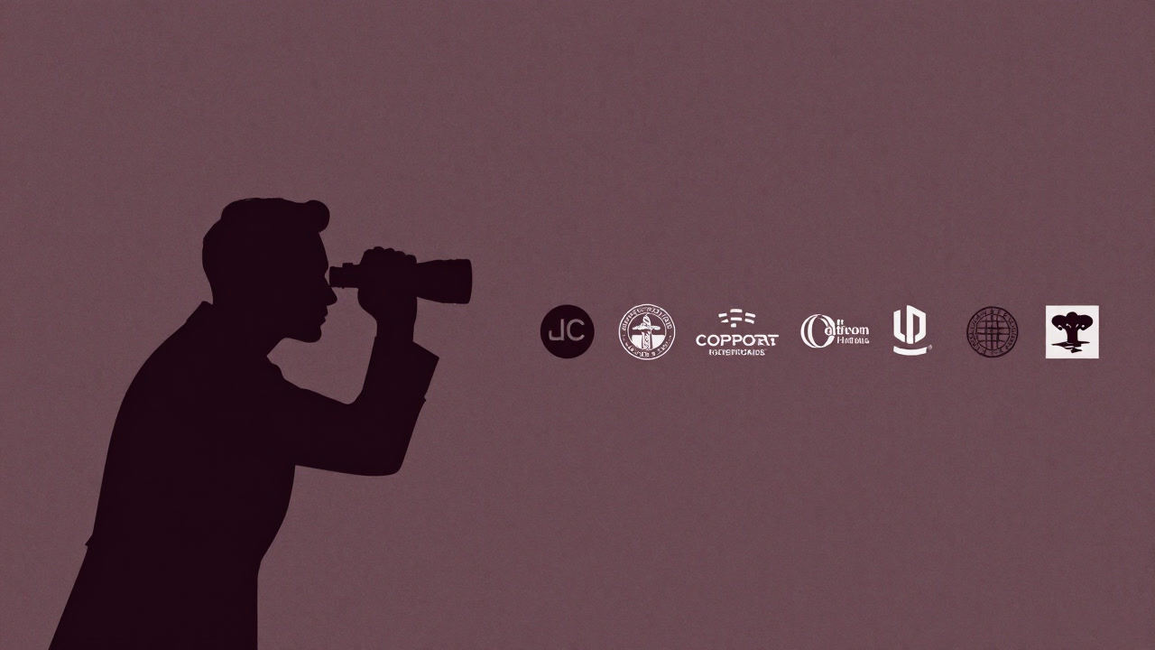 Silhouette of a businessperson peering at competitors' logos through binoculars
