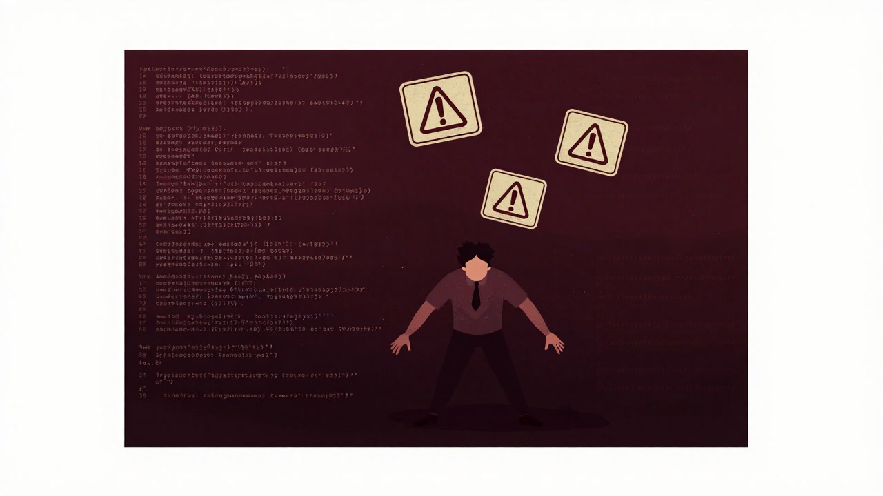 Illustration of a compiler personified, drowning in a sea of source code and writhing in agony
