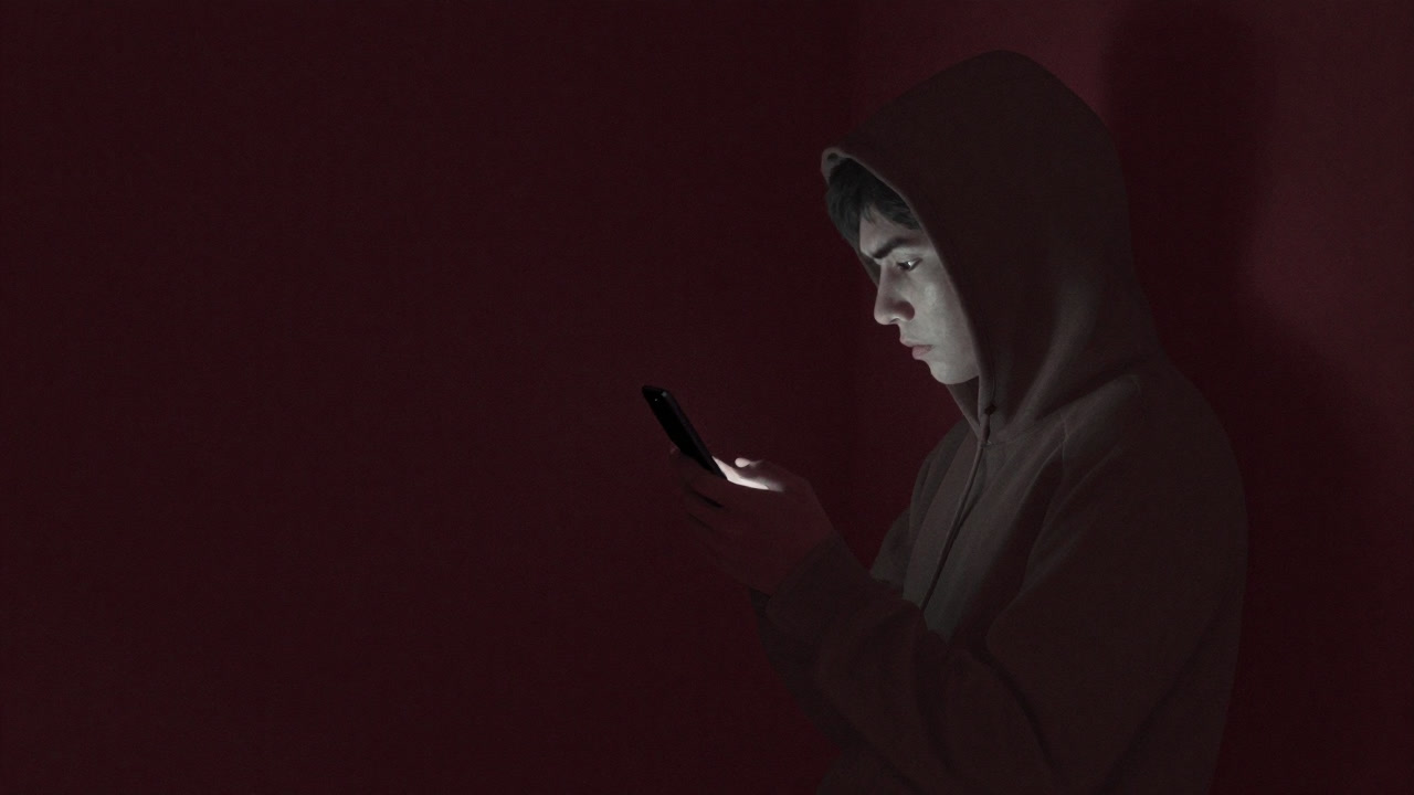 暗い部屋の片隅でスマートフォンを握りしめ、画面に映る未読メッセージを睨む人物のシルエット