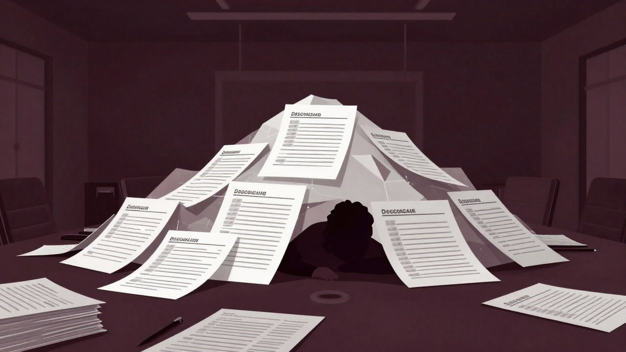 会議室のテーブルの上に山積みされたチェックリストに埋もれる社員のシルエット