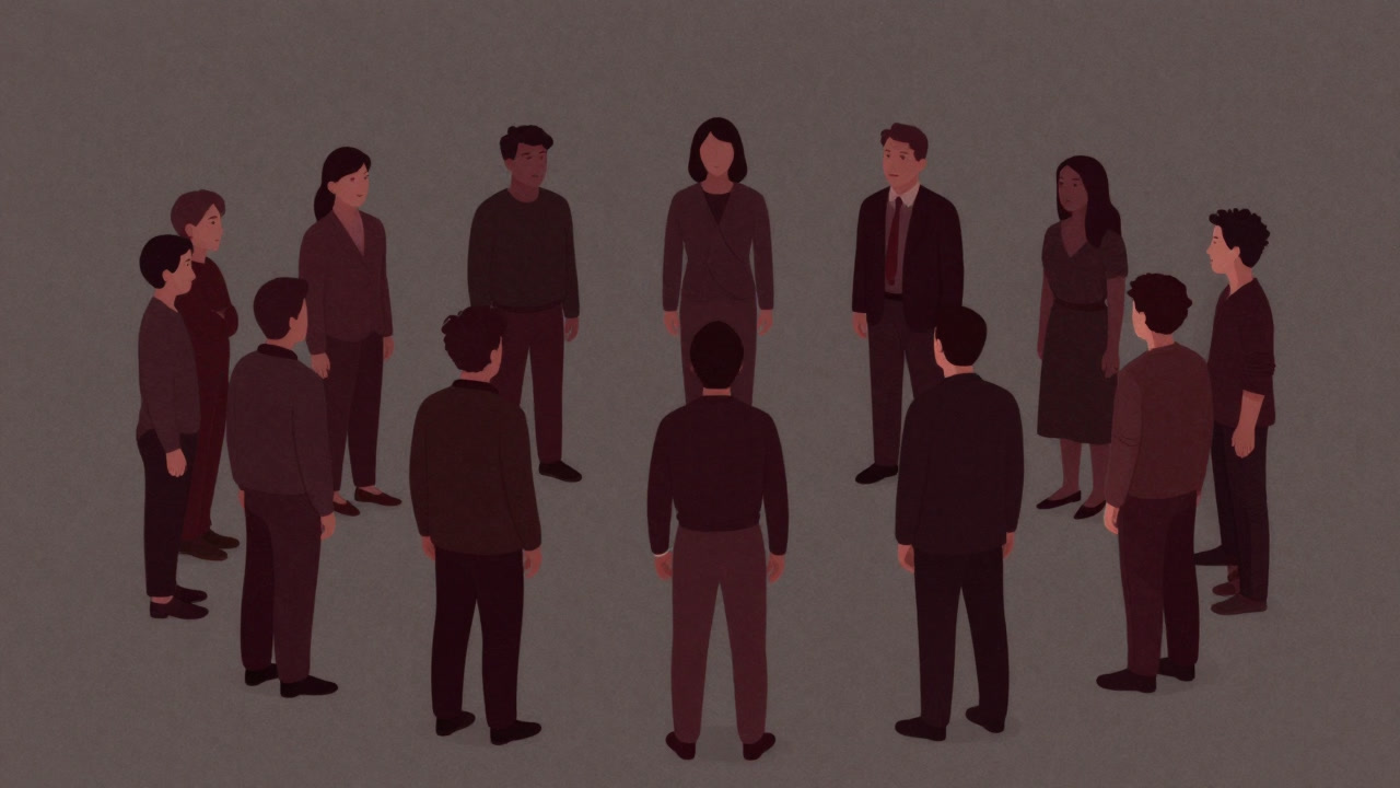 人々が円になり互いに虚ろな表情で褒め合うシーンのイラスト