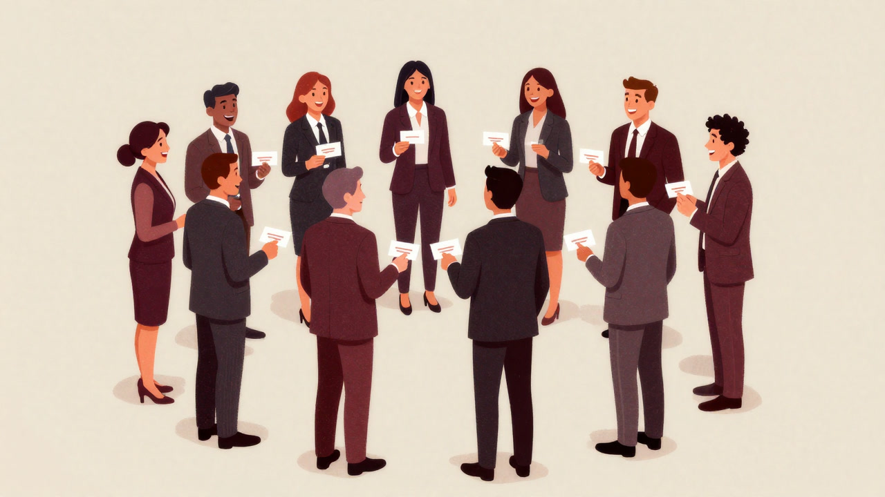 人々が嘘の笑顔を浮かべながら、お互いを褒め称えているイラスト