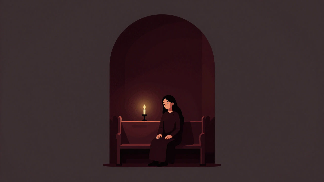 薄暗いチャペルの奥でキャンドルの光の下、ベンチに座り目を閉じる人影のシルエット