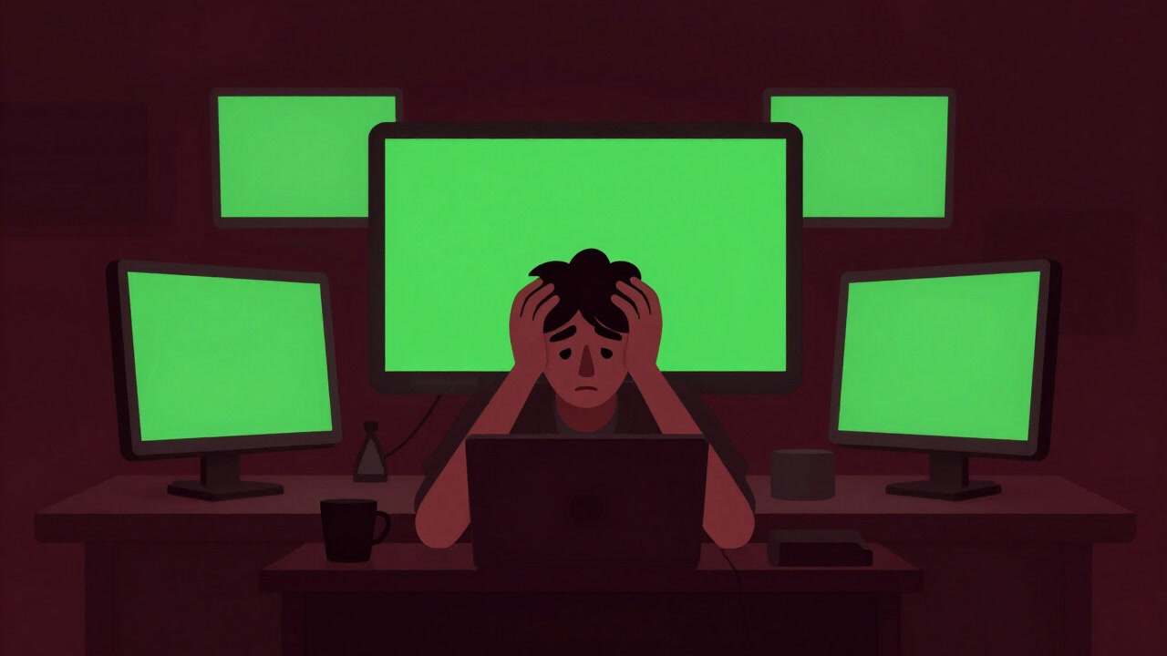 Illustration of a compositor surrounded by countless layers in a dark editing room, staring at the monitor in despair.