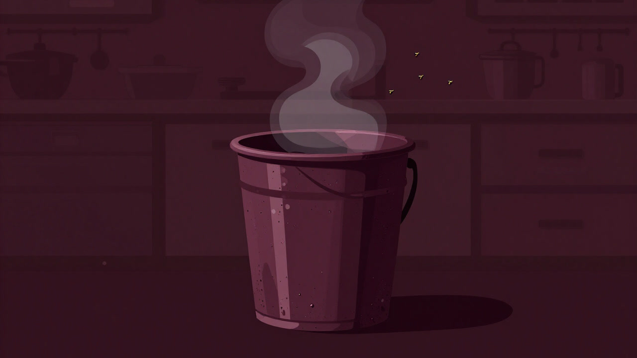 An old bucket-style compost bin emitting pale steam with fruit flies swarming around it