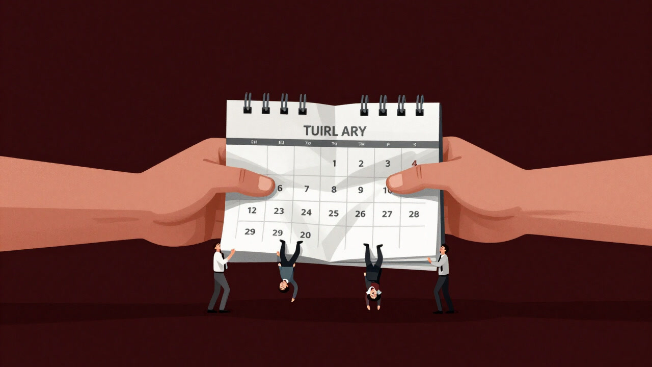 Illustration of an office calendar compressed into a crumpled mess as employees scream in protest.