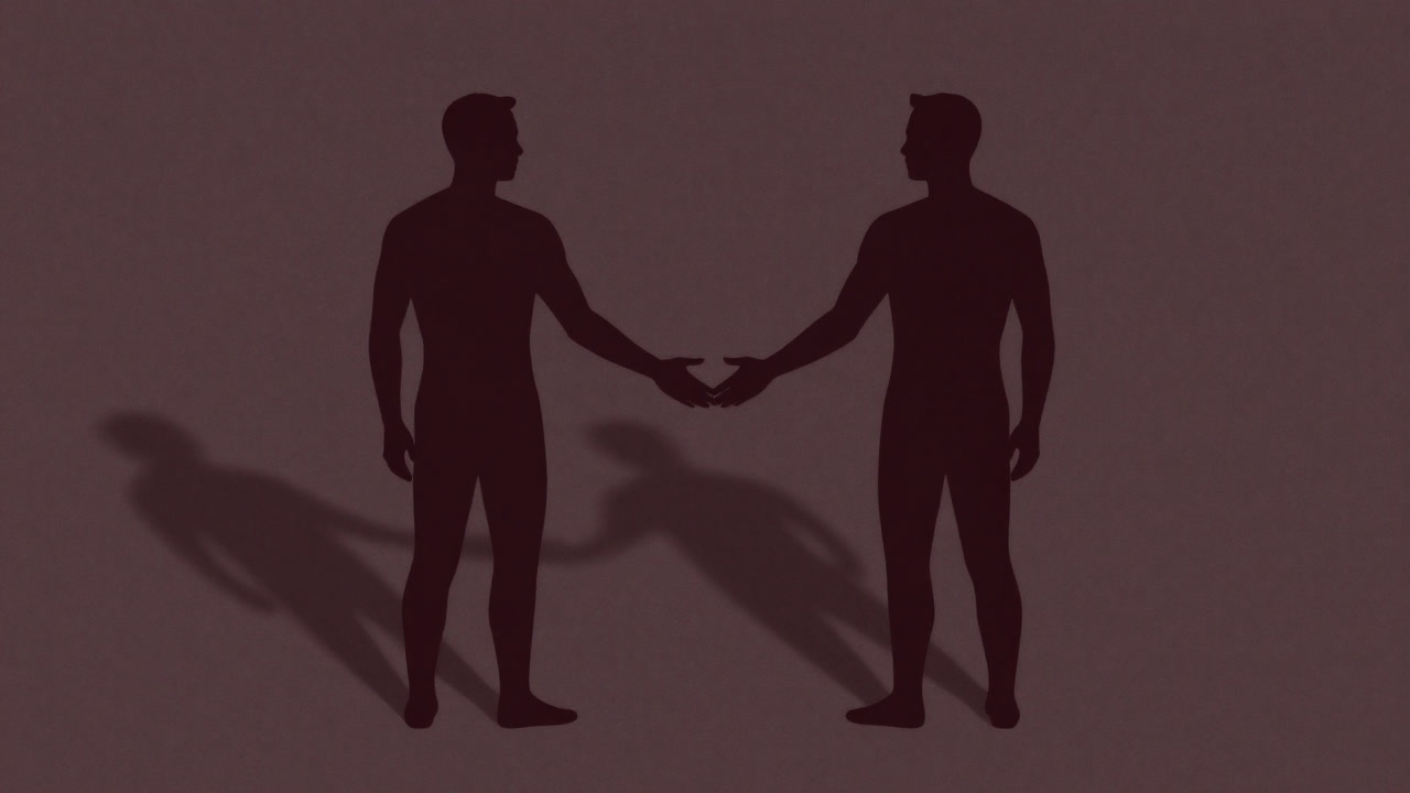 Silhouette of two figures standing back-to-back, their hands barely touching at the center.