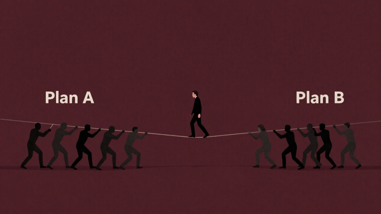 An illustration of a human silhouette balanced between a tug-of-war of A and B proposals forming a statue of compromise.
