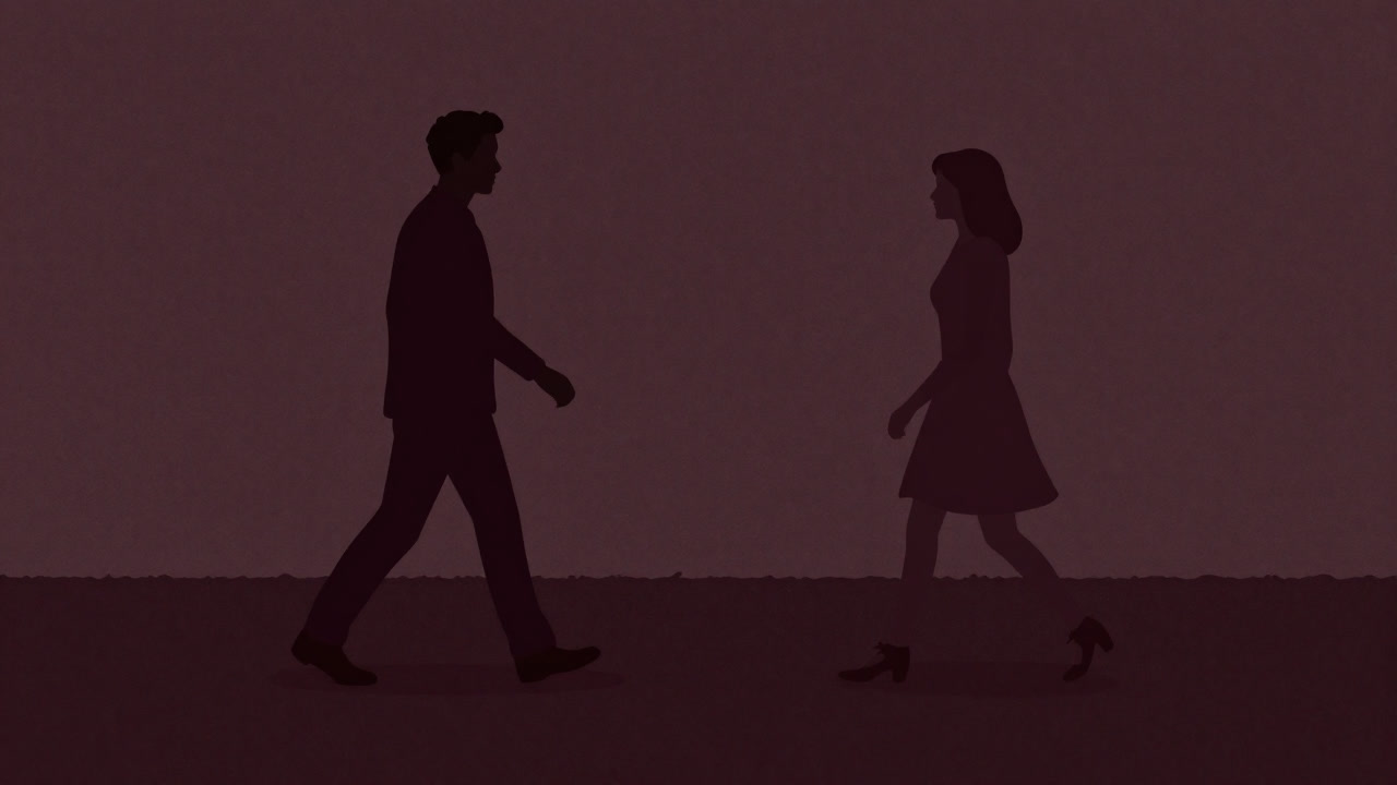 Image of silhouettes of a man and woman stepping back one step each, highlighted in shadow