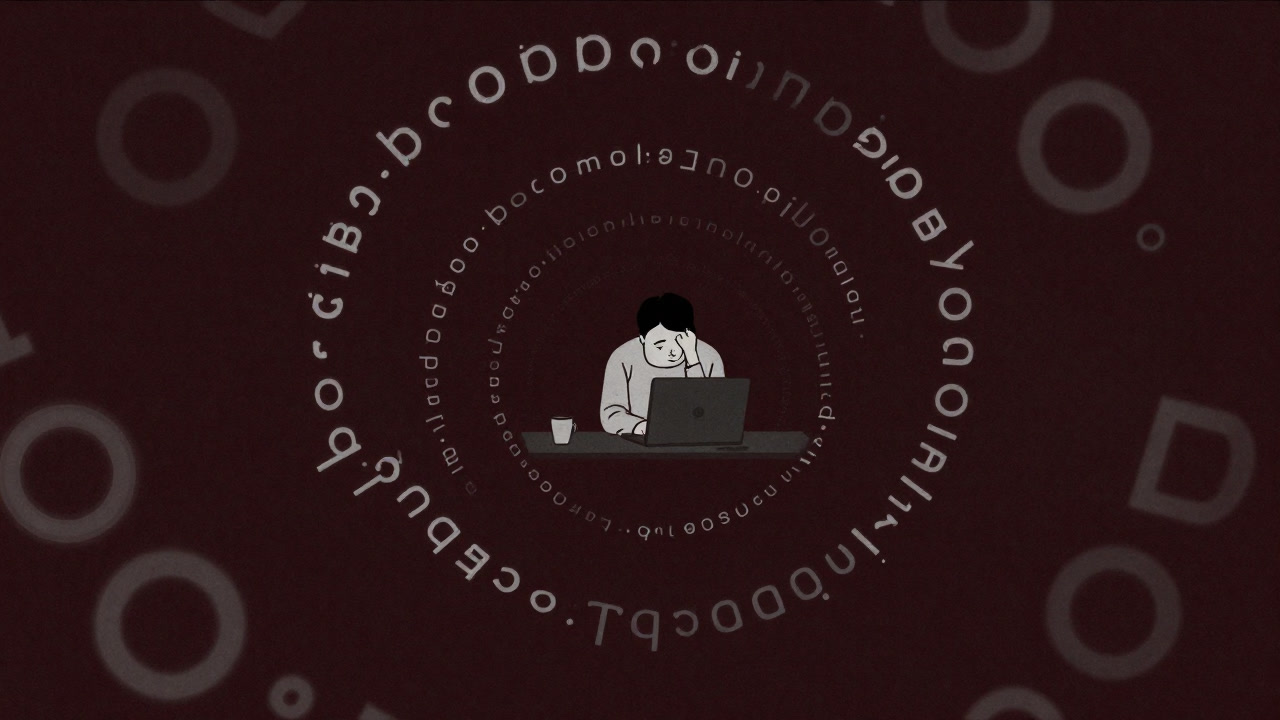 Silhouette of a programmer standing bewildered against a background spiraling with endless big O notations
