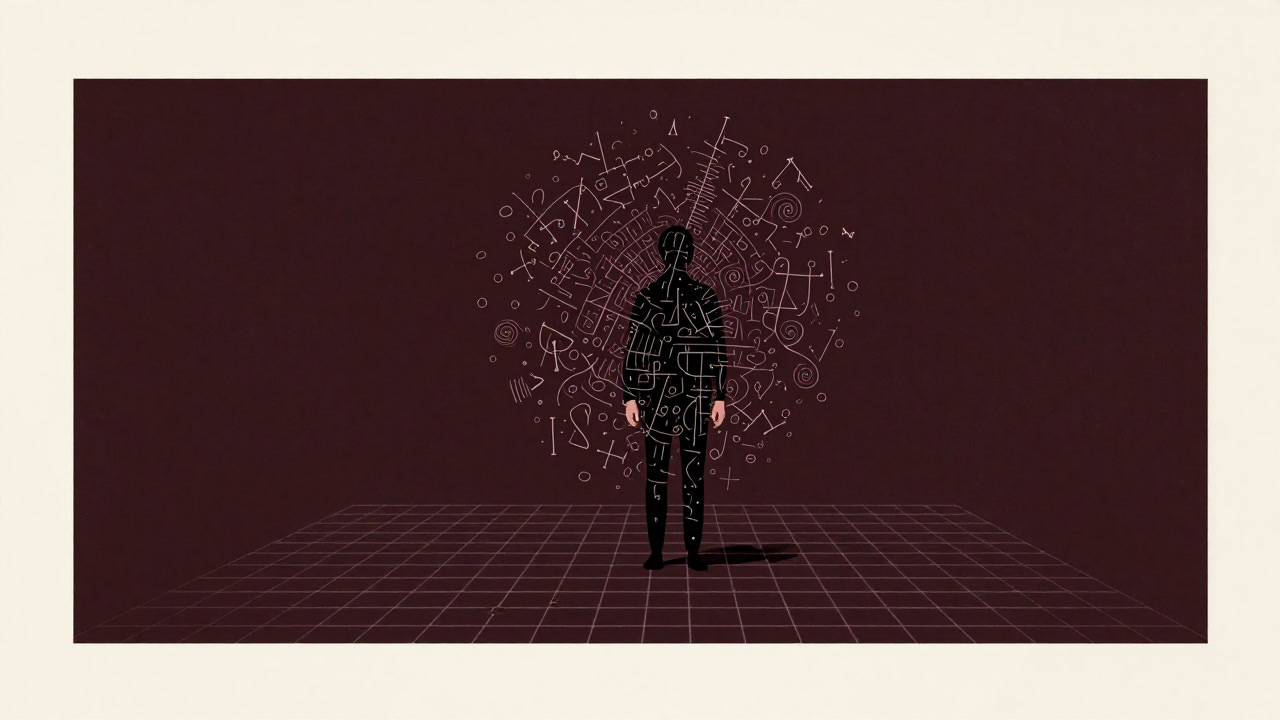 Silhouette of an engineer surrounded by countless grid points, about to be swept away by a wave of calculations