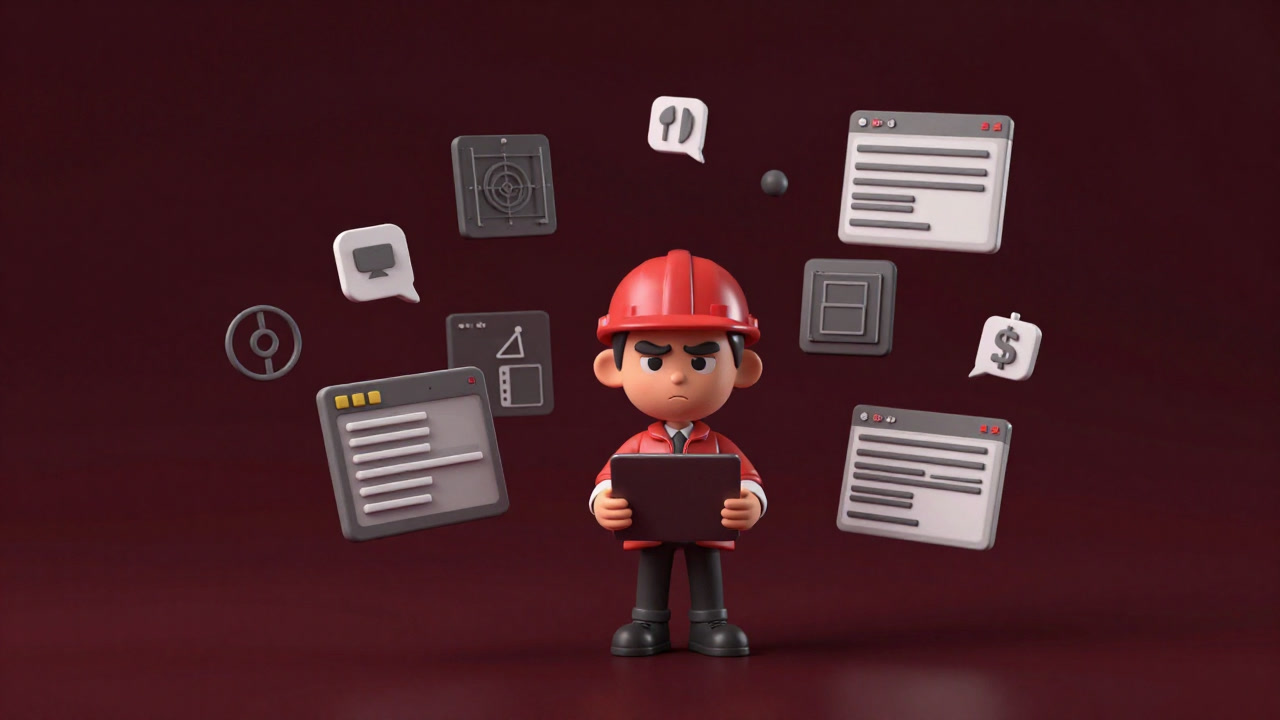 カラフルなツールバーに囲まれ、絶望的な表情でモニターを見つめる設計者のイラスト